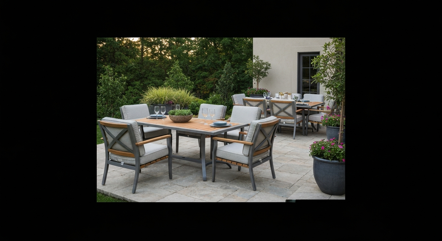 Luxury outdoor patio with aluminum-and-teak dining and lounge furniture in warm afternoon light