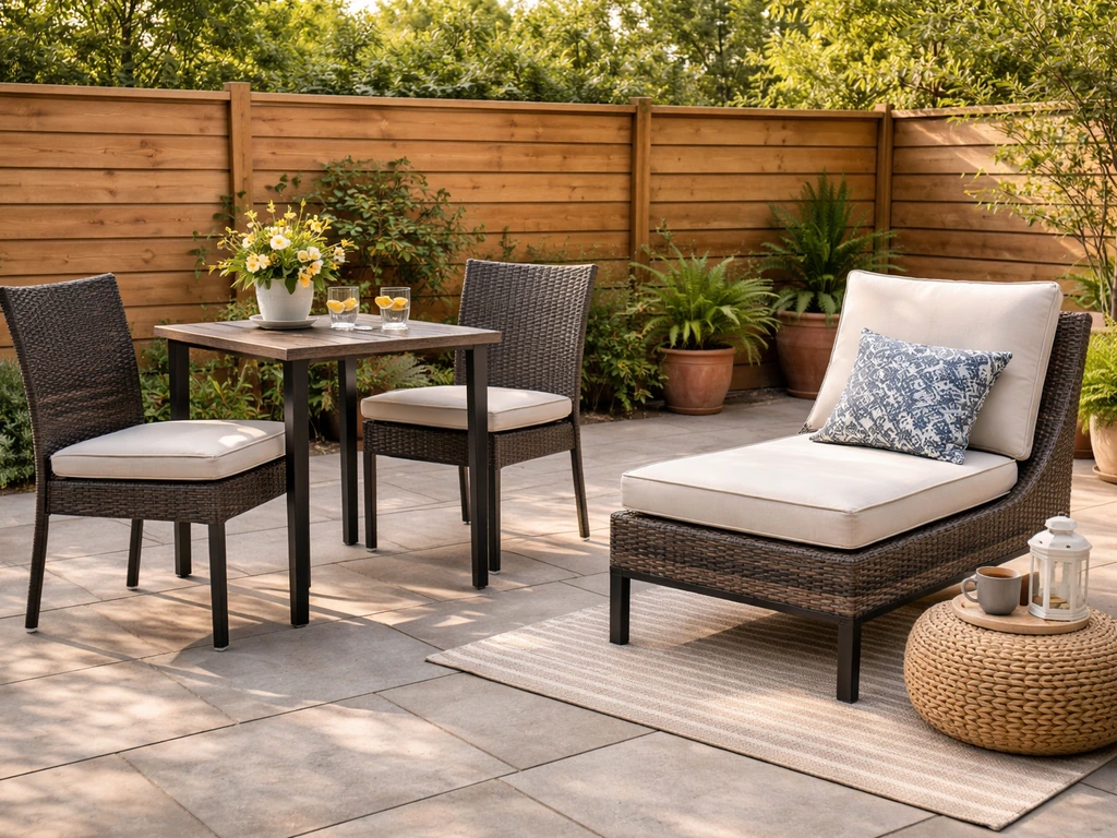 Well-styled outdoor patio with dining chairs and a lounge seat, sturdy materials and cushioned comfort.