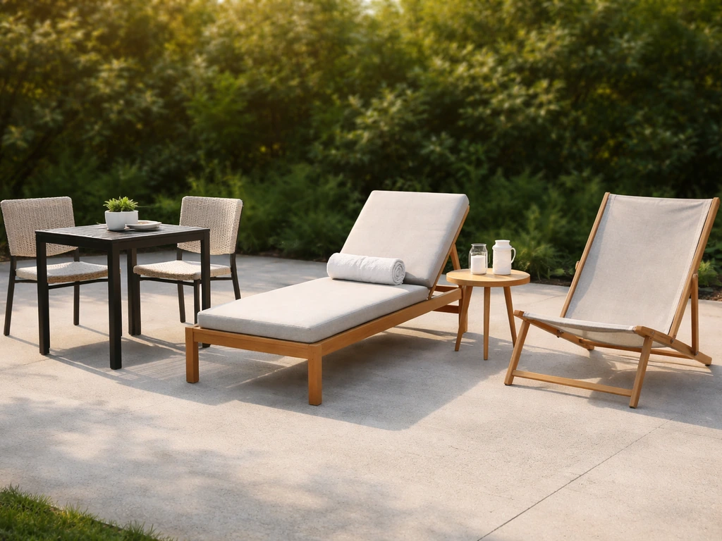 Side-by-side patio dining set, lounge/chaise, and sling chair on a simple outdoor patio.