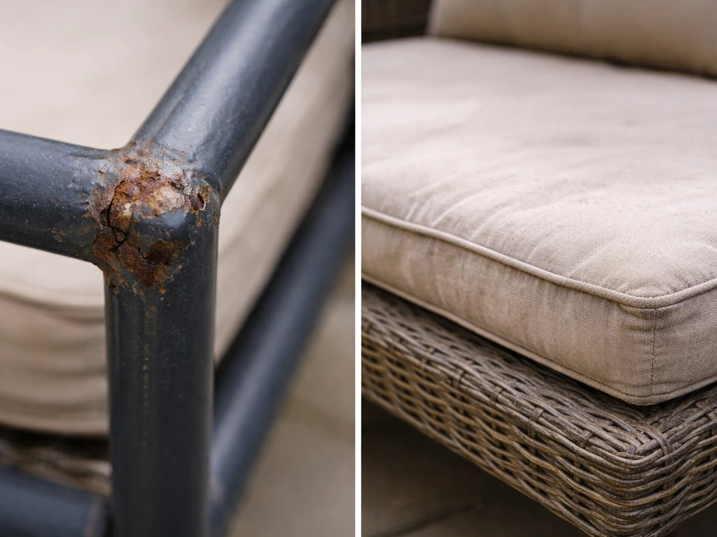 Split-screen close-up of a rusted, chipped chair frame on one side and a faded, thin cushion on the other.