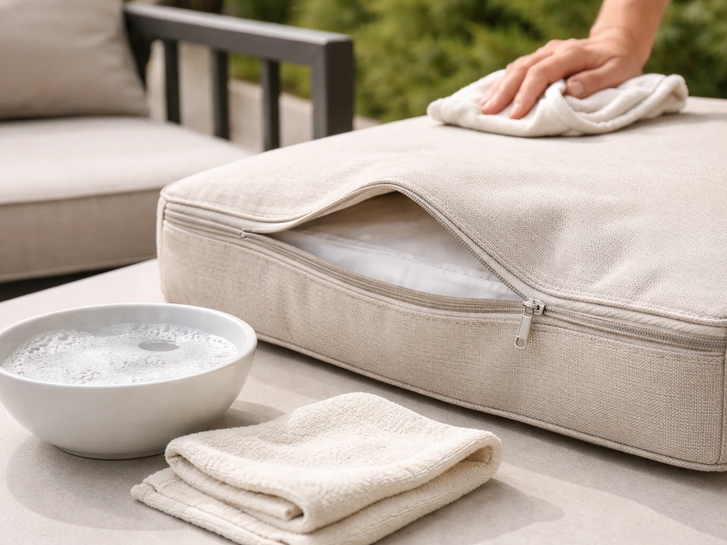 Cushion cover zipper opened for cleaning beside a cloth wiping a powder-coated patio frame.