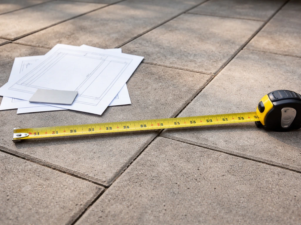 Measuring tape stretched on a patio paver next to a printed patio product spec sheet