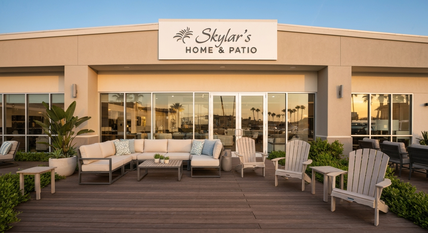 Showroom storefront and curated patio display featuring a POLYWOOD-style corner sectional and Adirondack chairs outside Skylar's Home & Patio.