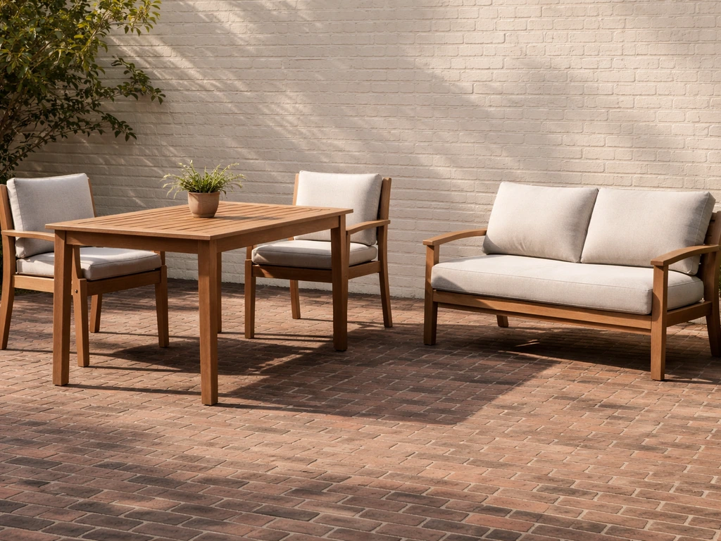 Wide photo of a durable brick patio dining set with stable weather-ready furniture in natural light.