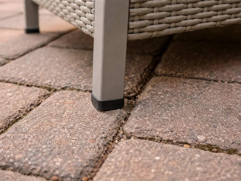 Close-up of an outdoor chair leg wobbling on uneven brick grout lines on a patio.