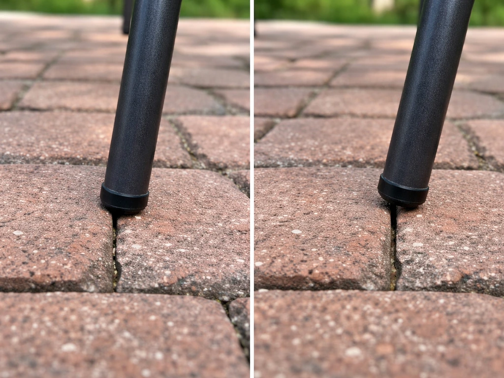 Two patio chair legs on brick pavers—one snug and level, the other slightly lifted causing wobble