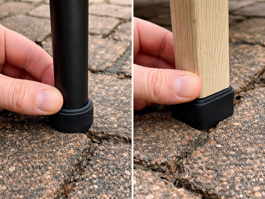 Close-up of rubber furniture pads being fitted to chair legs on rough brick to prevent sliding.