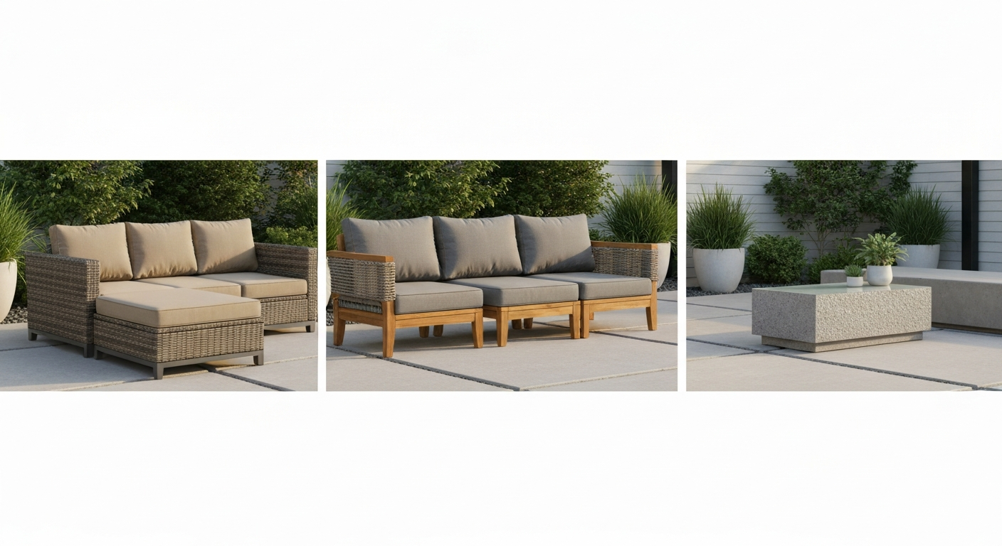 Three Oakmont-style patio furniture types side-by-side: gunmetal aluminum resin-wicker sectional with light cushions, acacia wood conversation set with rope accents, and a low concrete coffee table on a modern patio.