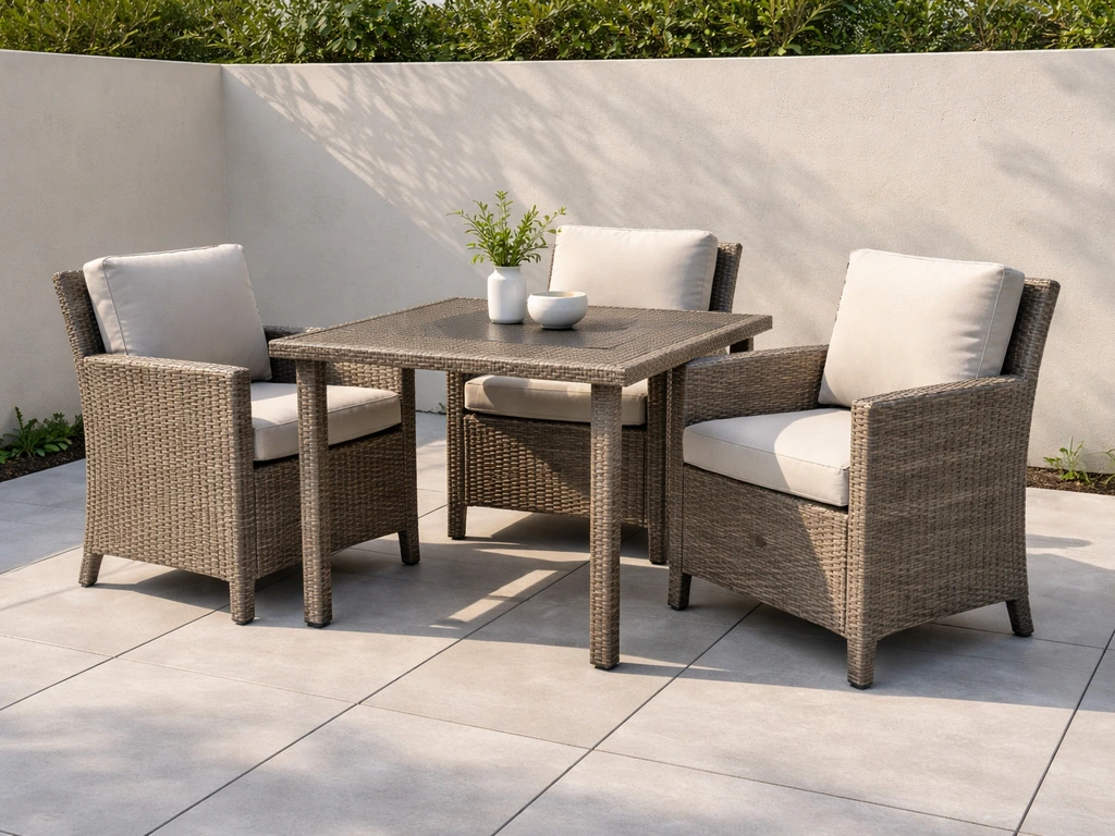 Minimal modern patio with a woven PE rattan dining set and light cushions, no people.