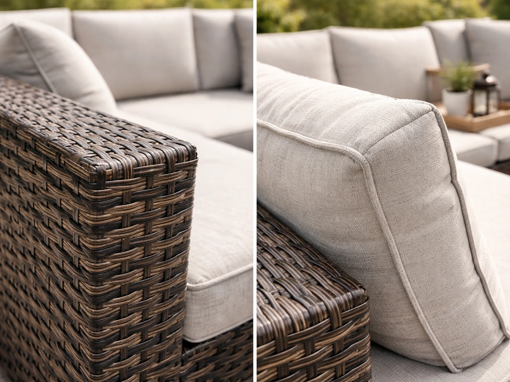 Close-up side-by-side views of dark PE rattan patio set with neutral fabric cushions outdoors.
