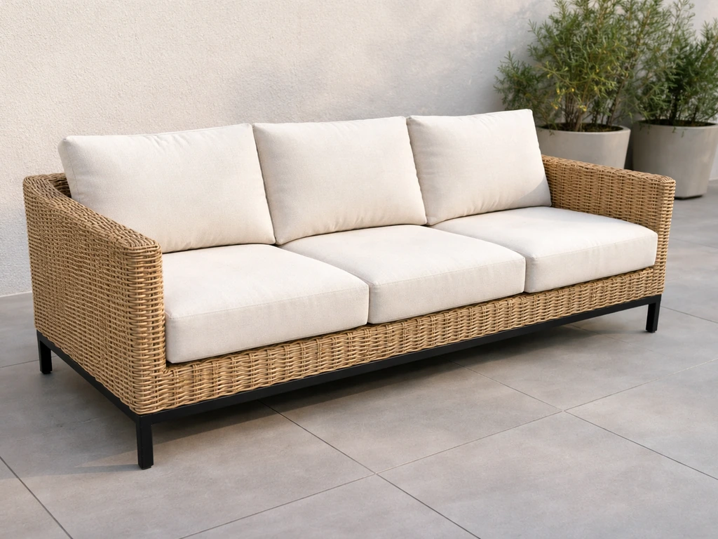 TSS-PAD500 3-seat wicker couch on an outdoor patio, clearly showing the three-seat cushion layout.