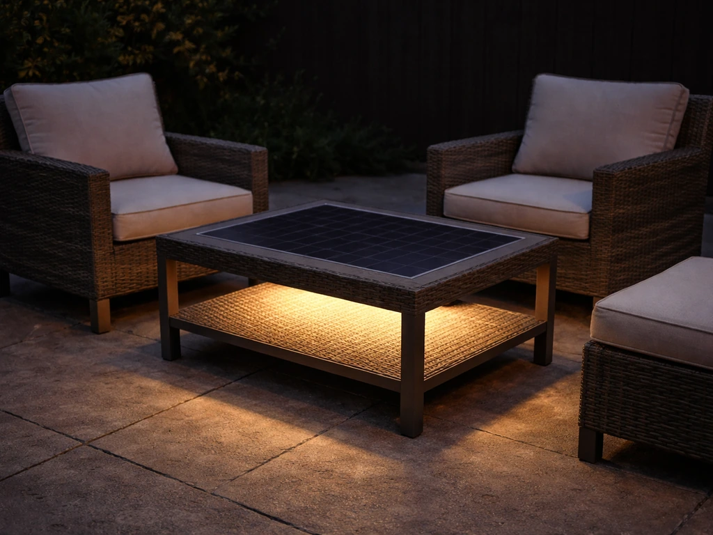 Dusk patio scene with a solar-lit coffee table and wicker conversation set glowing softly at night.