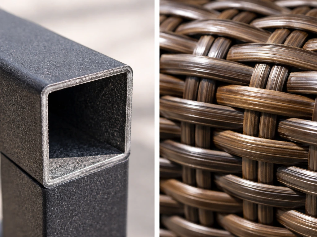 Close-up of a powder-coated iron/steel frame corner beside PE rattan weave texture in natural light.