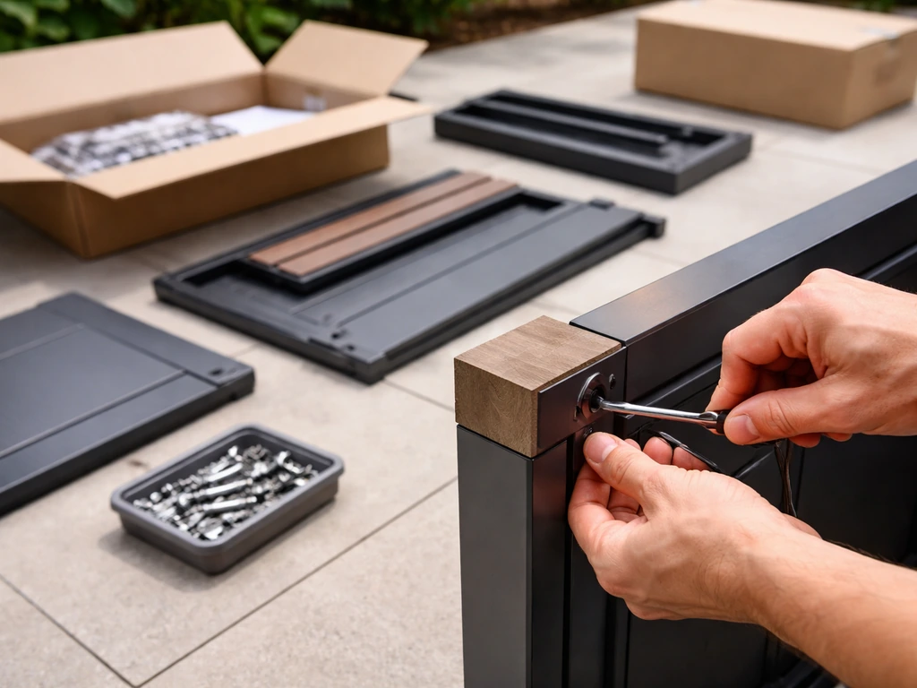 Hands assembling an outdoor fire pit set with Allen key, fasteners and open boxes on a patio.
