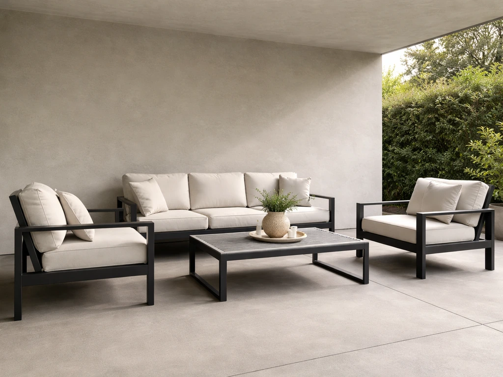 Modern covered patio seating set with neutral cushions and contemporary design, lifestyle hero photo