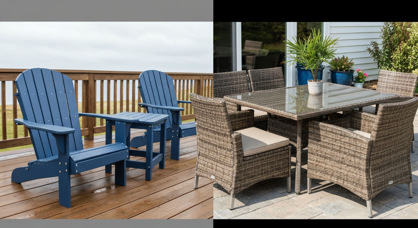 Split-scene hero: left — heavy HDPE (POLYWOOD-style) Adirondack on a cedar deck; right — PE wicker Bedford-style dining set on a sunny patio, showing clear material and style differences.