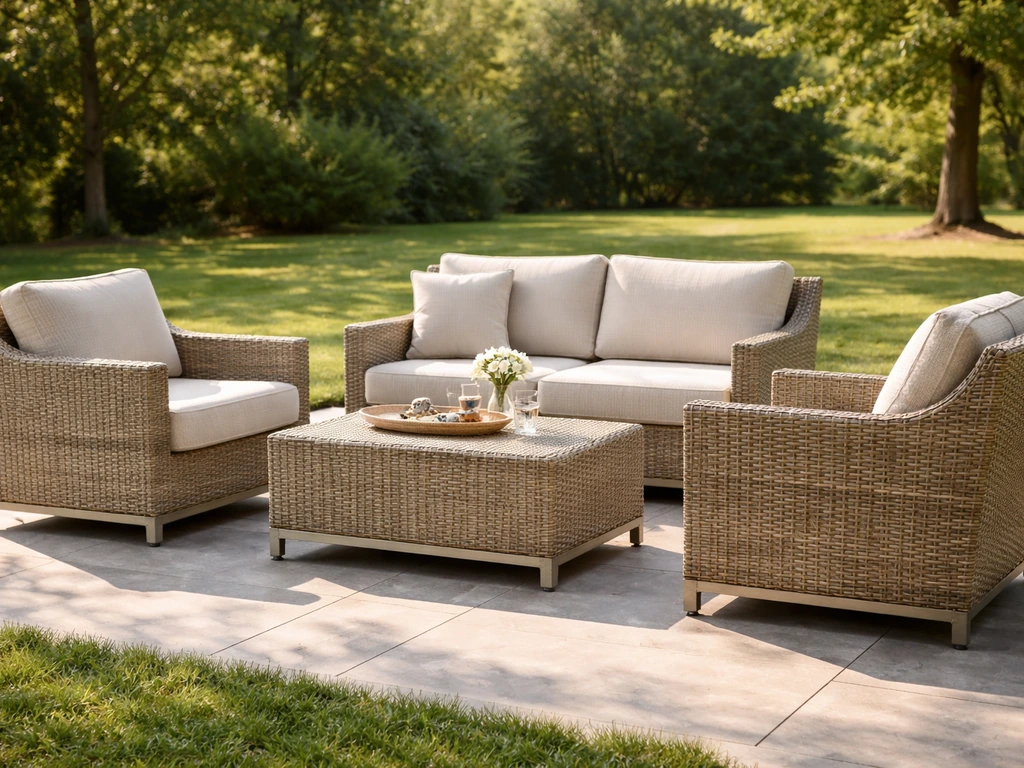 Sunlit yard patio set with woven wicker chairs and cushioned seating in premium Lloyd Flanders style