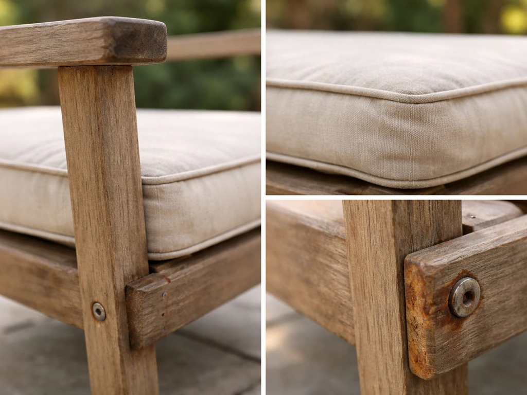 Minimal outdoor patio scene with close-up of a wooden chair frame and cushion showing wear and stability