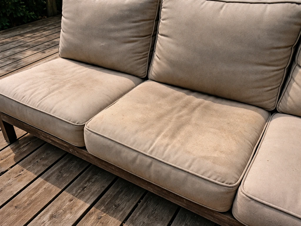 Outdoor patio cushions showing sun-faded fabric and slightly compressed foam after exposure.