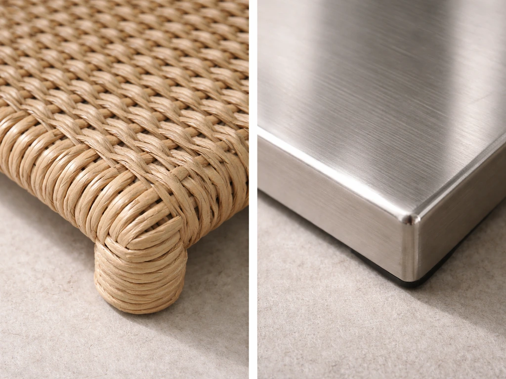Split close-up showing woven Lloyd Loom texture on one side and a brushed stainless-steel base on the other.