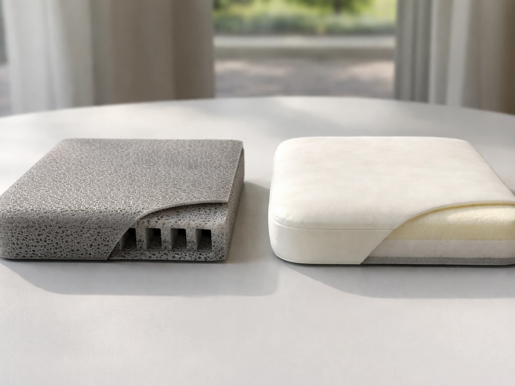 Two minimalist cushion samples on a table showing reticulated foam vs cloud-style cushioning textures.