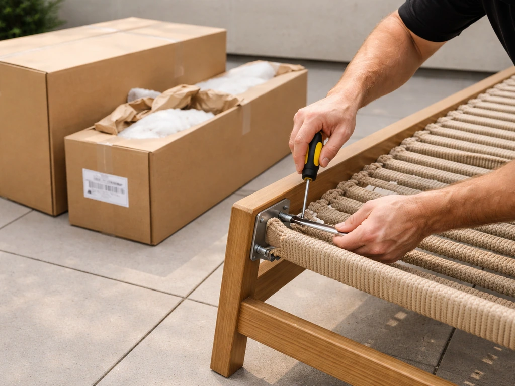Technician assembling an outdoor lounge chair from delivery boxes, with a warranty label visible on the packaging.