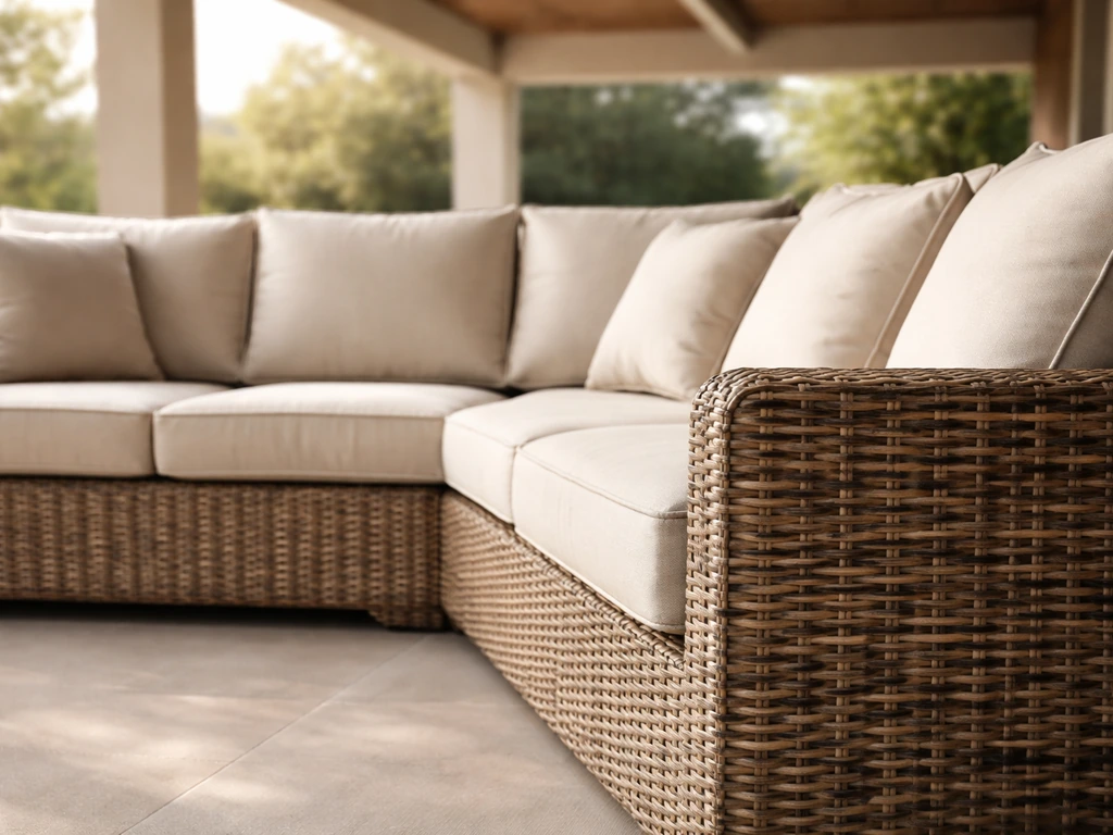 Close-up of a resin wicker patio seating set with cushions on a covered patio, showing texture and comfort.