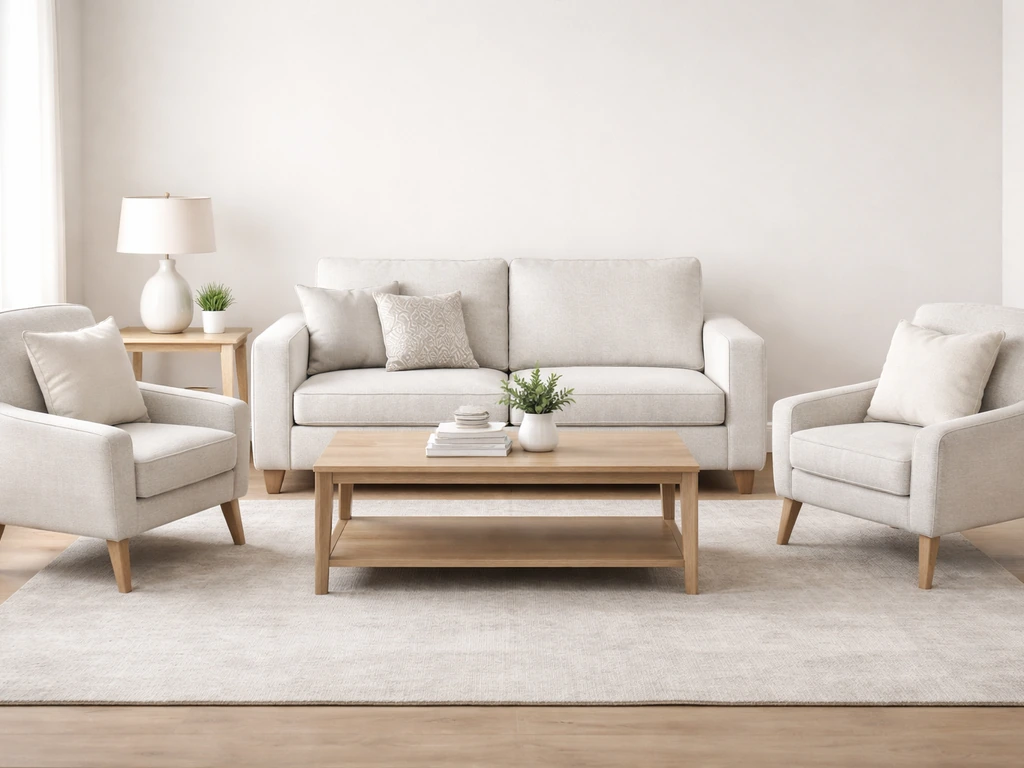A neatly arranged living room seating set with loveseat, chairs, and a simple coffee table with cushions.