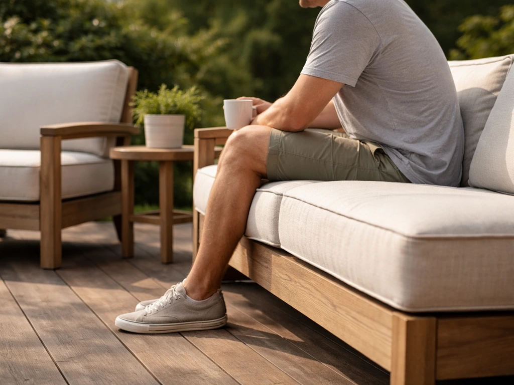 Side view of a person seated on thick-cushioned upright outdoor chair/sofa, showing comfort and posture.