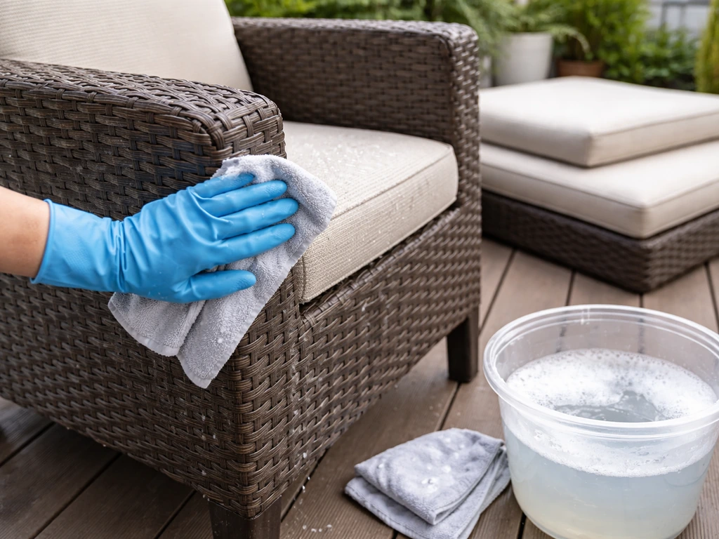 Hands wiping resin wicker patio set with soapy cloth, rinsing, then cushions air-drying indoors