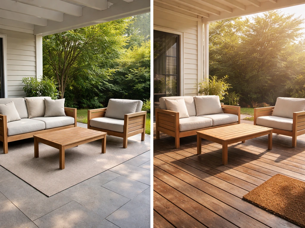 Shaded patio furniture setup versus an exposed, humid-looking outdoor deck with sun glare and a damp rug.