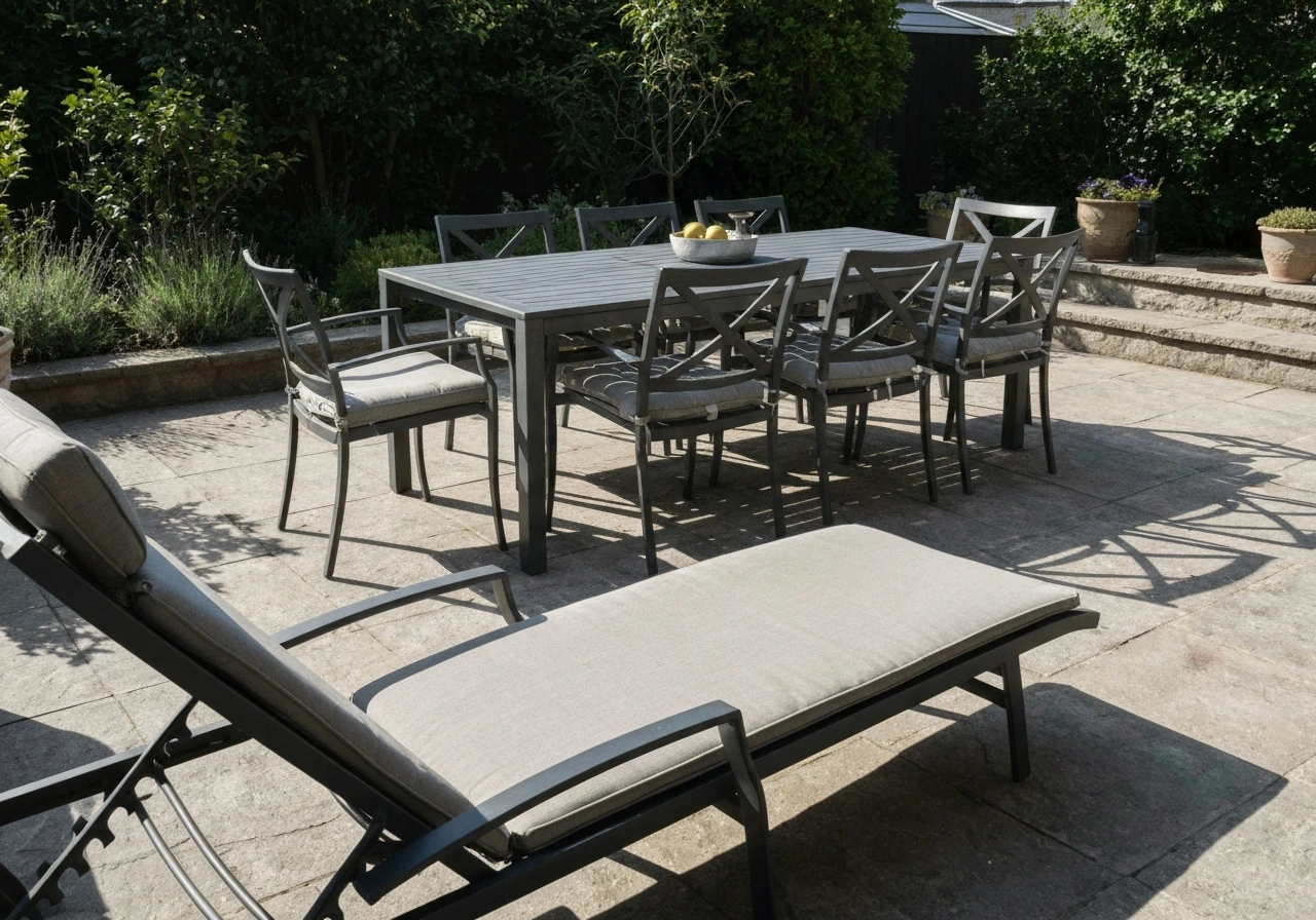 Sunny backyard patio set with cast-aluminum dining table and lounge chair with weather-ready cushions