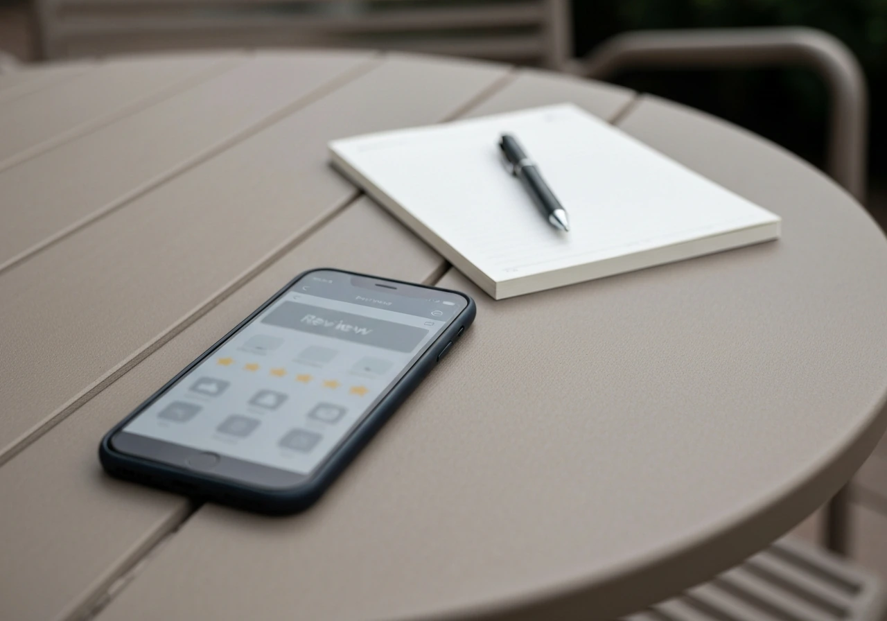Smartphone on a patio table showing a blurred review layout with notebook and pen, no readable text.