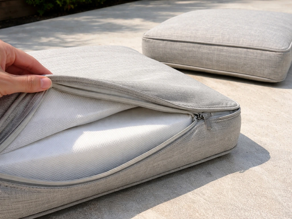 Close-up of patio cushions, one cover being removed while another remains exposed to daylight.