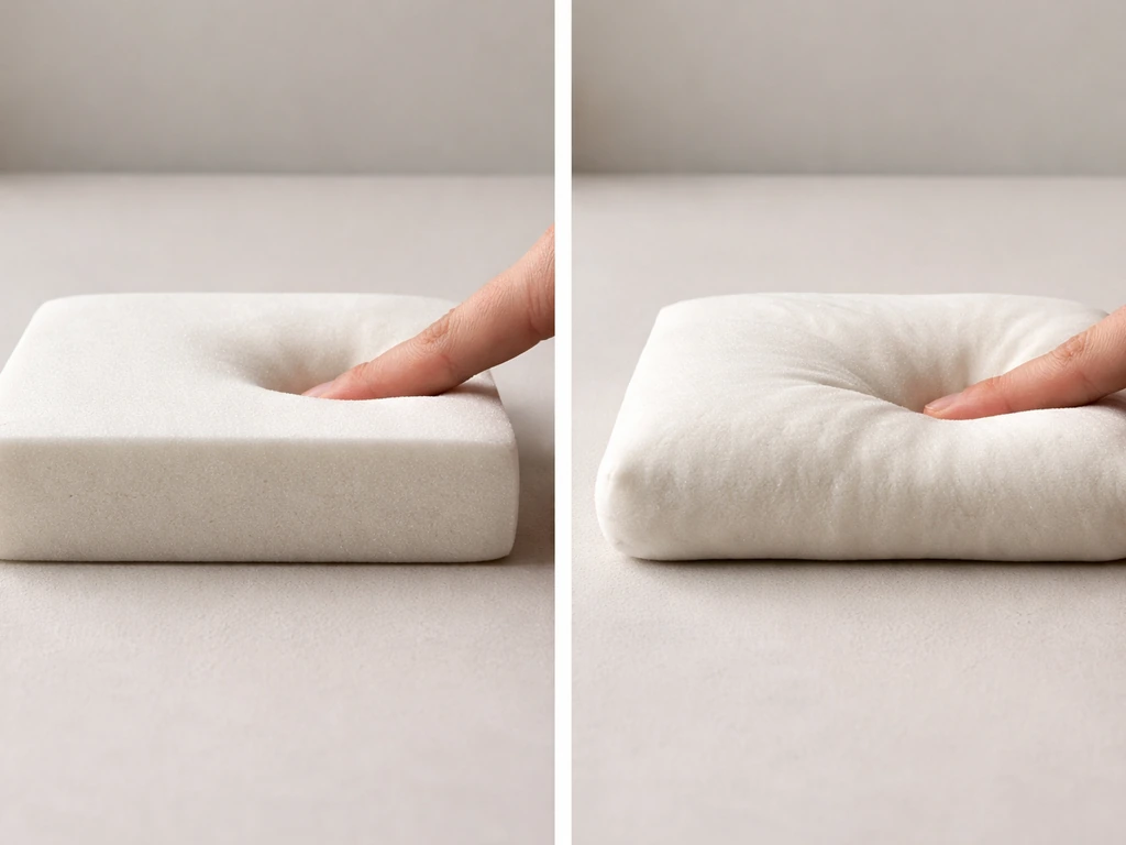 Close-up of two patio cushion samples showing different bounce and edge firmness in soft natural light.
