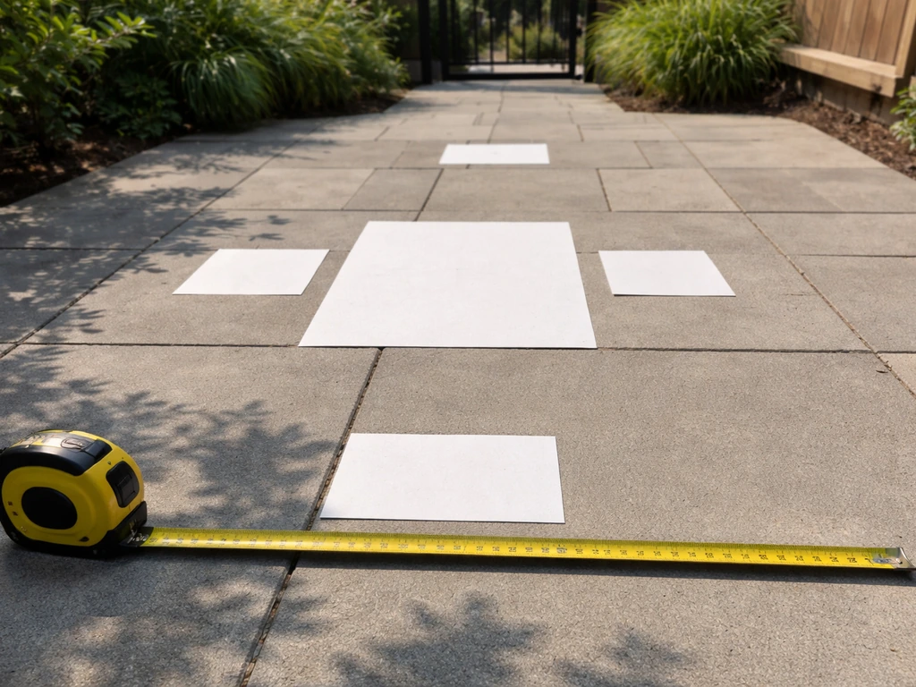 Measuring tape on a patio with minimal layout cards showing dining and clearance spacing.