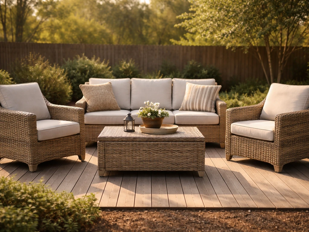 Inviting wicker-over-aluminum patio set on a deck in natural light, with a simple garden background.