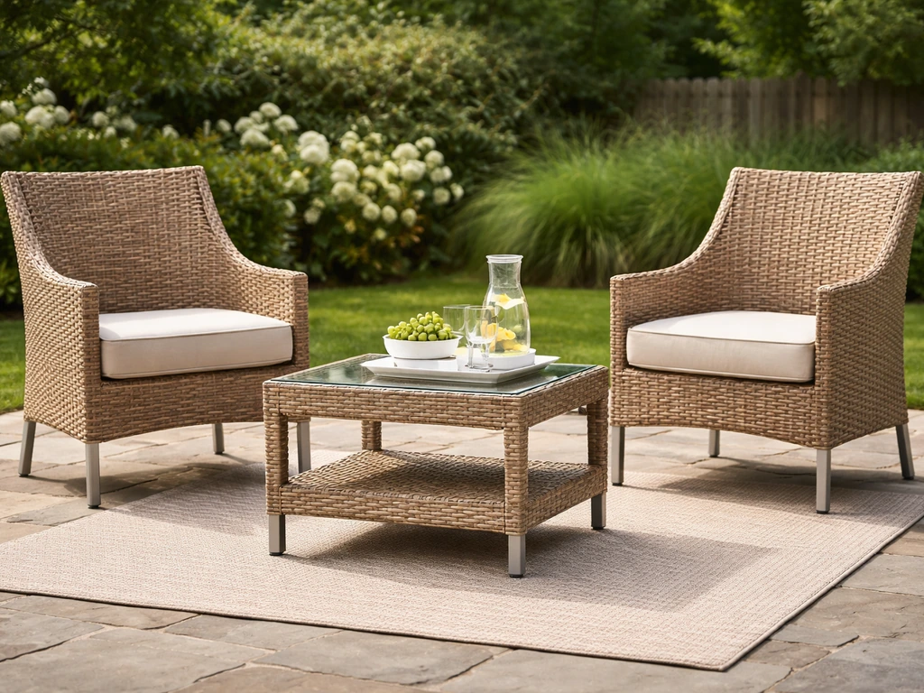 Minimal patio vignette showing an all-weather PE wicker outdoor set on an aluminum frame in daylight.