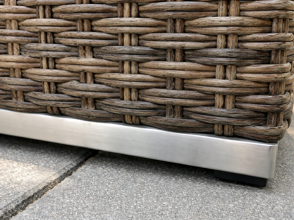 Close-up of PE wicker outdoor frame with a visible aluminum base, highlighting weather-resistant materials