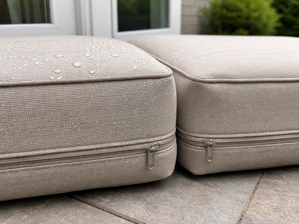 Two thick outdoor cushions with visible zippers, one damp with water beading and one air-dried