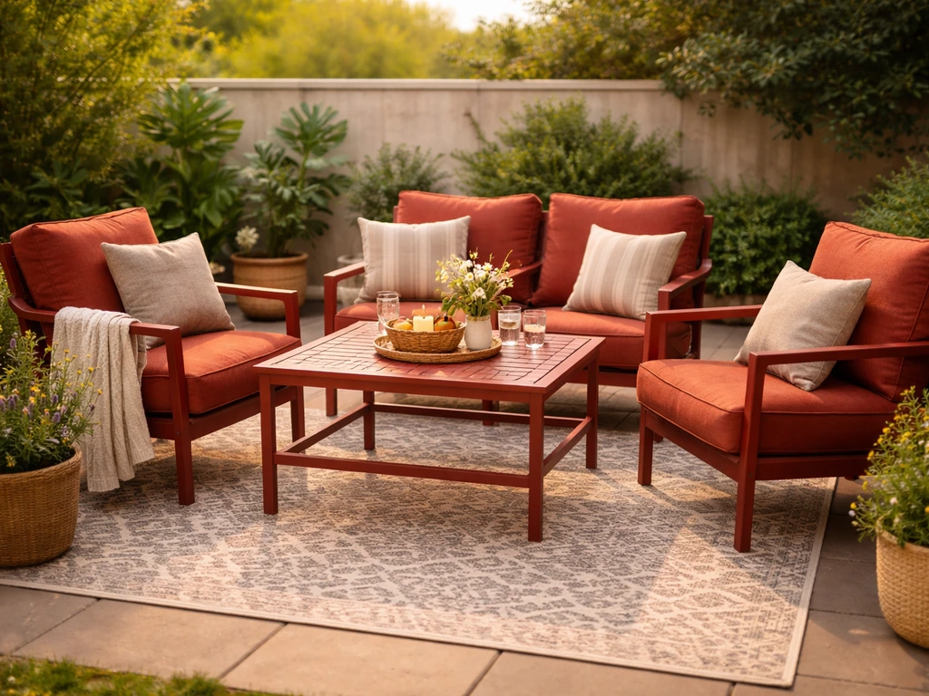 Cushioned patio furniture set on a real outdoor patio, warm light, plants in the background, no people.