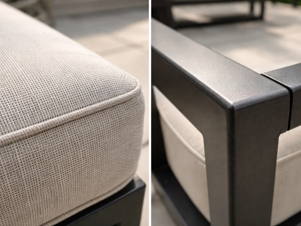 Close-up of patio chair cushions and metal frame finishes showing fabric texture and frame coating.
