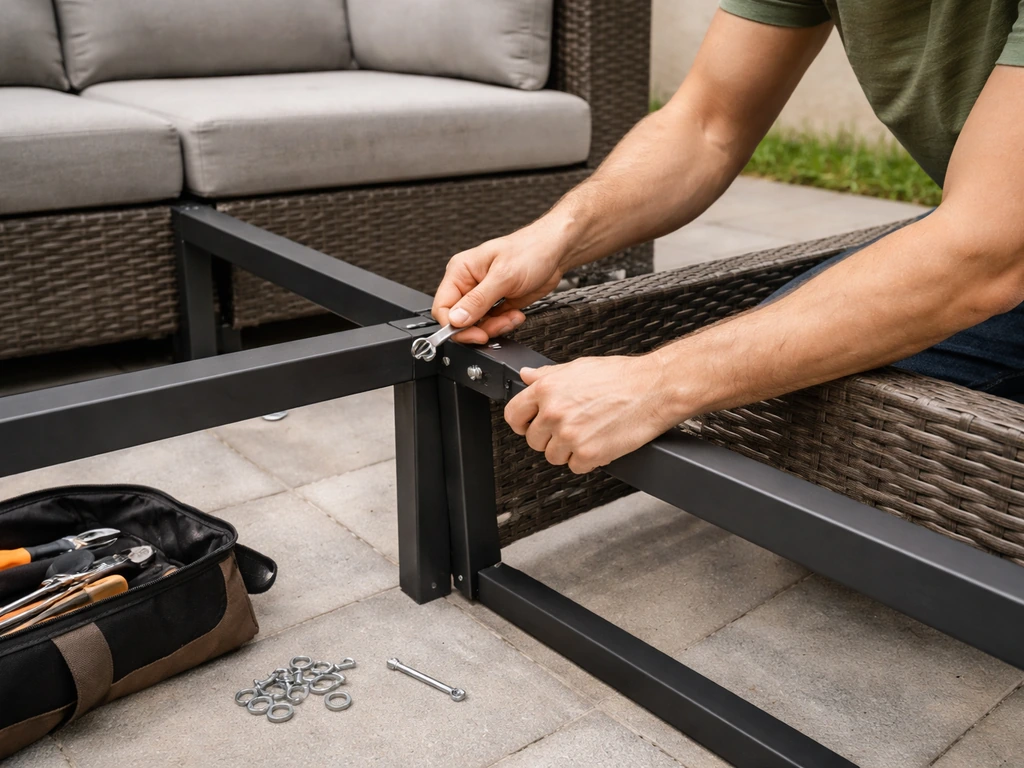 Two people assembling a multi-piece patio set, one section being attached with tools and hardware nearby.