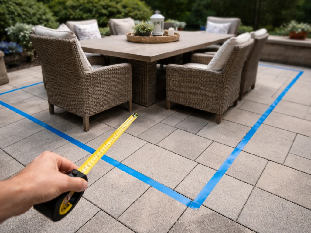 Outdoor patio table with blue tape clearance lines and a tape measure showing spacing around the set.