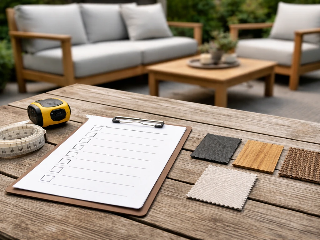 Checklist, tape measure, and fabric/material swatches on a patio table with minimal outdoor seating behind