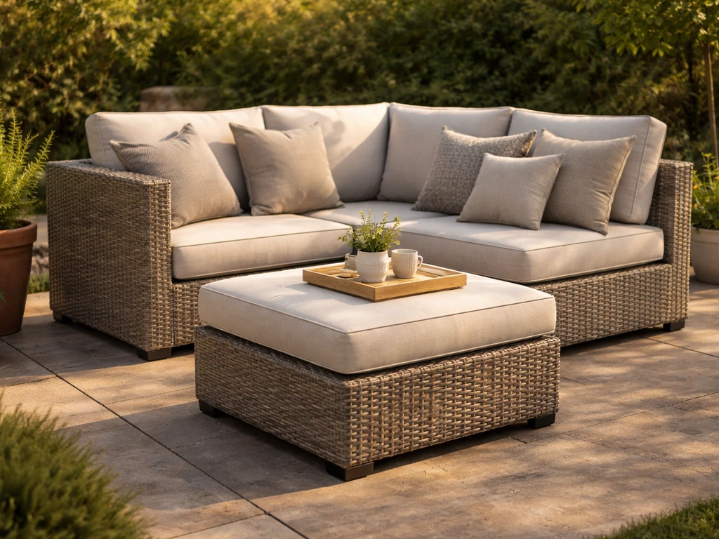 Weather-ready NICE SOUL patio seating set with plush cushions in a calm backyard patio.