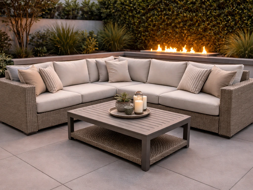 Outdoor sectional conversation set on a patio with warm fire feature detail, showing a cohesive bundle look.