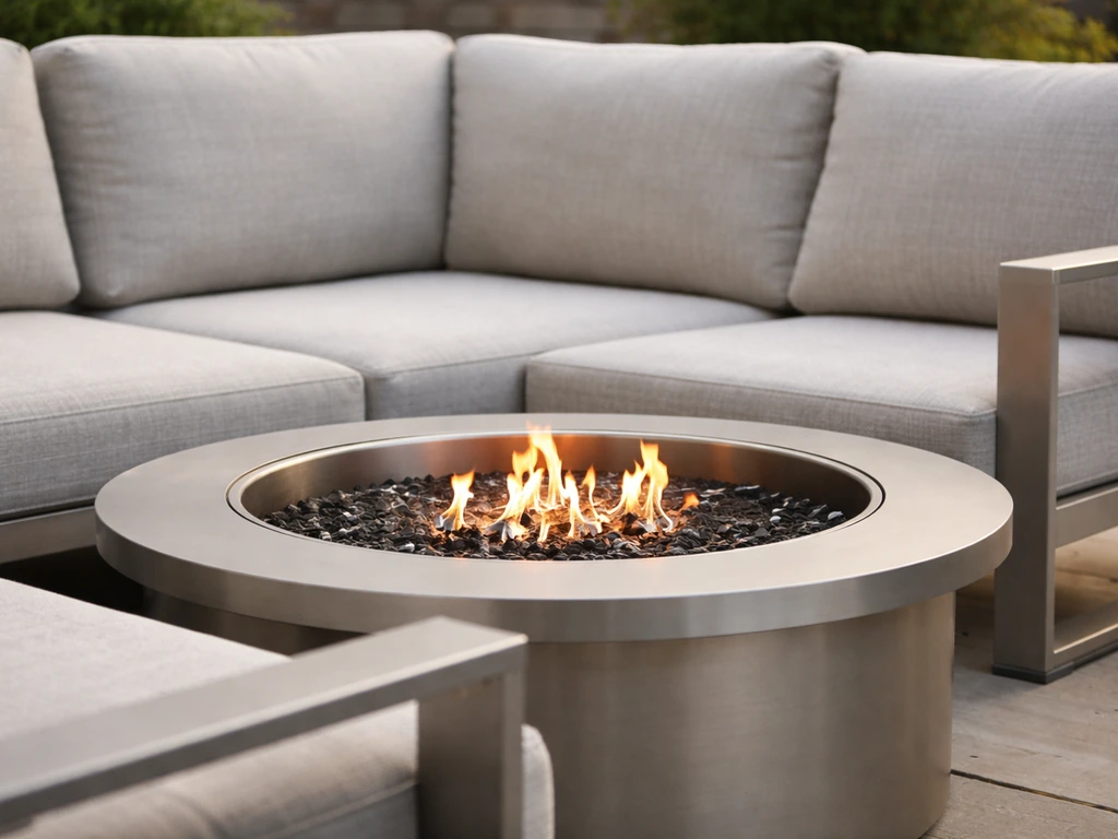 Close-up of an aluminum outdoor sectional set with an integrated fire pit bowl on a patio.