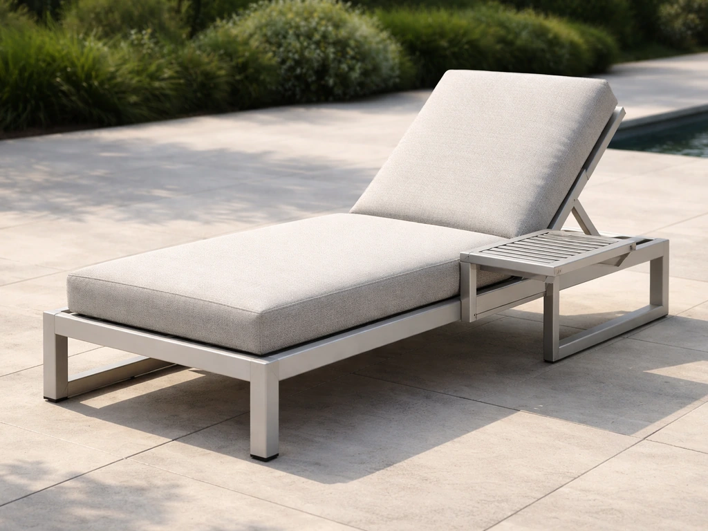 Aluminum chaise lounge set with side table attachment and thick cushions in a sunny patio setting