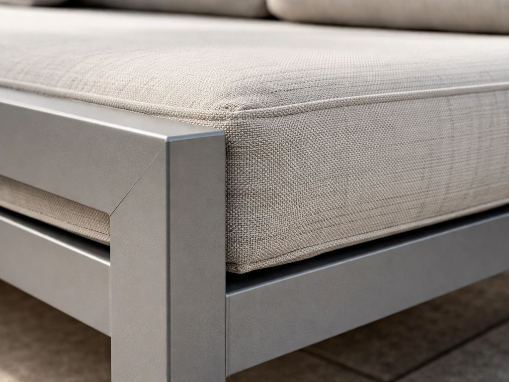 Close-up of powder-coated aluminum sofa frame and thick cushion fabric in daylight.